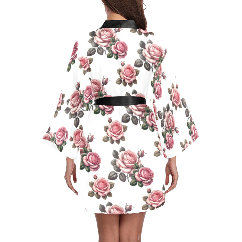 white back pink rose print Long Sleeve Kimono Robe
