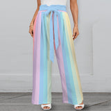 purple eclectic stripe print 2A Strappy Elastic Waist Wide Leg Pants with Pockets