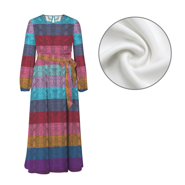 multicolored snakeskin Round Neck Long Sleeve Belted Maxi Dress
