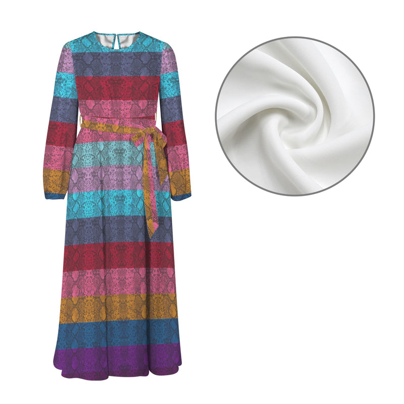 multicolored snakeskin Round Neck Long Sleeve Belted Maxi Dress