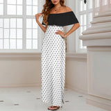 black solid print skirt Women's Off Shoulder Ruffle Boat Neck Dress (Model D71)