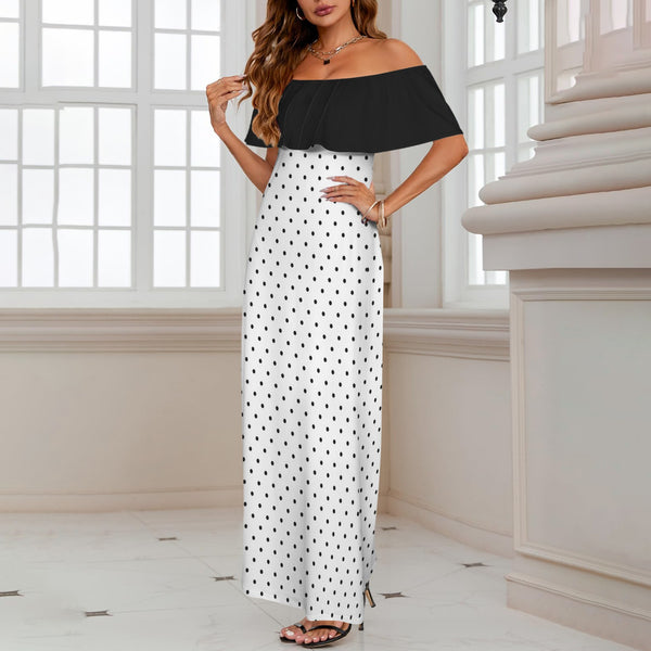 black solid print skirt Women's Off Shoulder Ruffle Boat Neck Dress (Model D71)