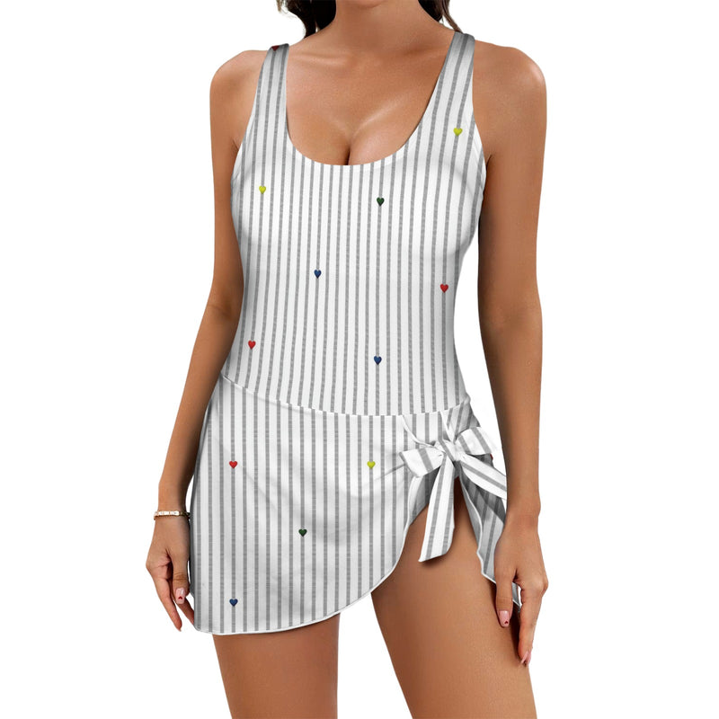 heart accent stripe accent print Women's One Piece Skirted Swimsuit (Model S54)