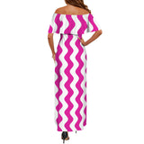 fuchsia wavy print Women's Off Shoulder Ruffle Boat Neck Dress (Model D71)