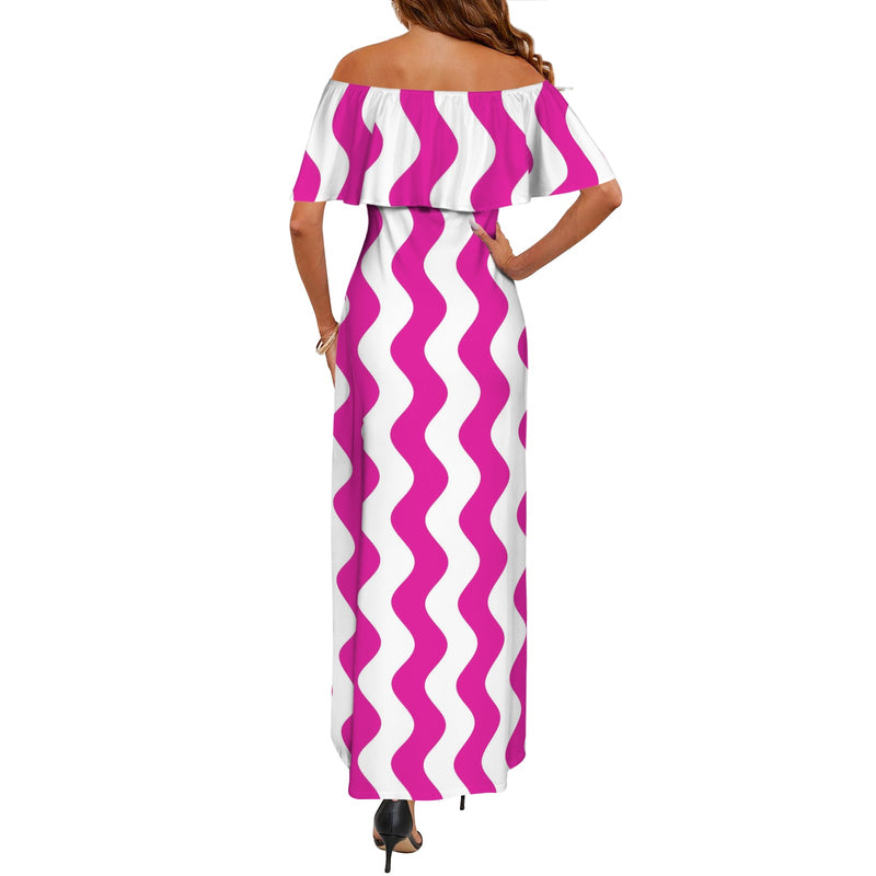 fuchsia wavy print Women's Off Shoulder Ruffle Boat Neck Dress (Model D71)