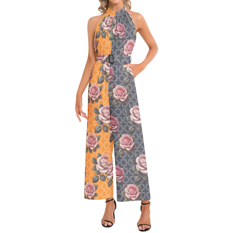 Halter Neck Buckle Belted Jumpsuit