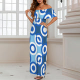 blue concentric checkered print 3A Women's Off Shoulder Ruffle Boat Neck Dress (Model D71)