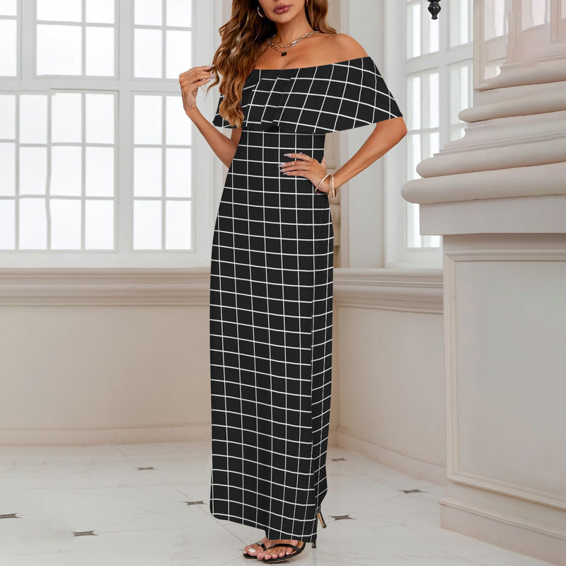 golden ratio rectangle print 2 Women's Off Shoulder Ruffle Boat Neck Dress  (Model D71)