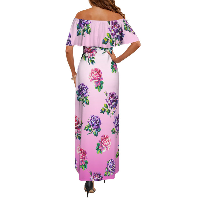 ombre white to pink rose print 2 Women's Off Shoulder Ruffle Boat Neck Dress (Model D71)