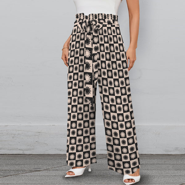 sun print 2D Strappy Elastic Waist Wide Leg Pants with Pockets