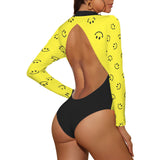 black solid print skirt Backless Long Sleeve One-Piece Swimsuit (Model S60)