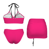 fuchsia print solid Drawstring Halterneck Three-Piece Swimsuit Skirt