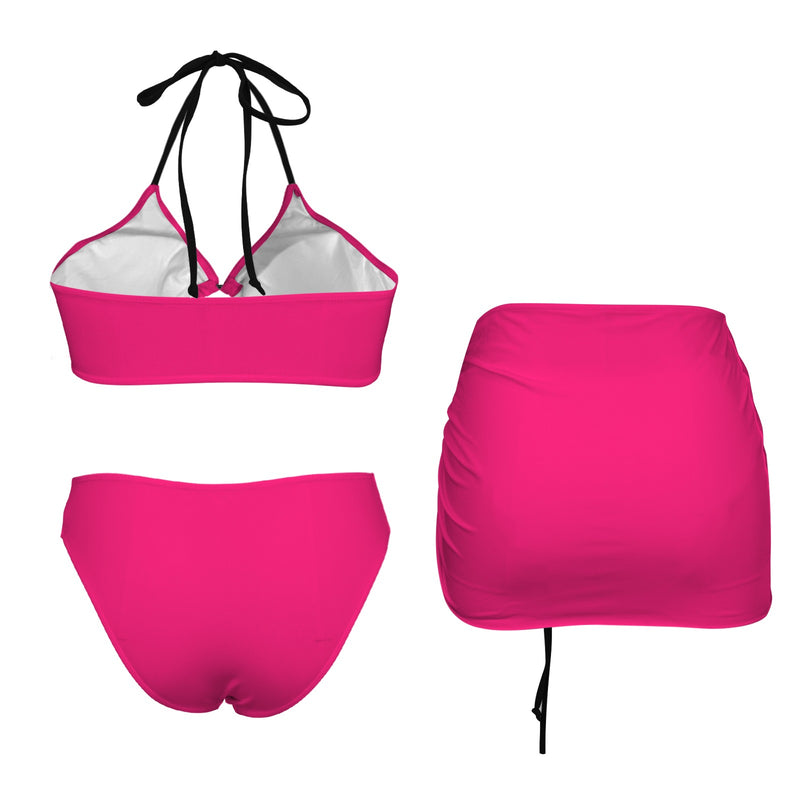 fuchsia print solid Drawstring Halterneck Three-Piece Swimsuit Skirt