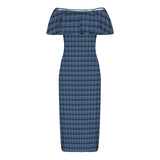 blue plaid print 4A Women's Off Shoulder Ruffle Boat Neck Dress (Model D71)