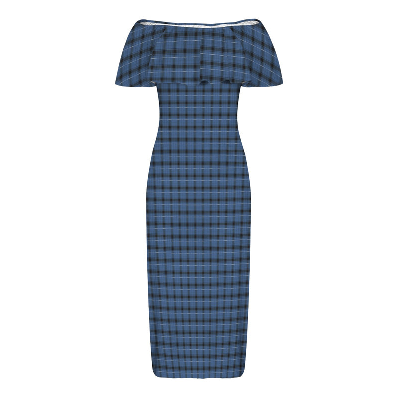 blue plaid print 4A Women's Off Shoulder Ruffle Boat Neck Dress (Model D71)