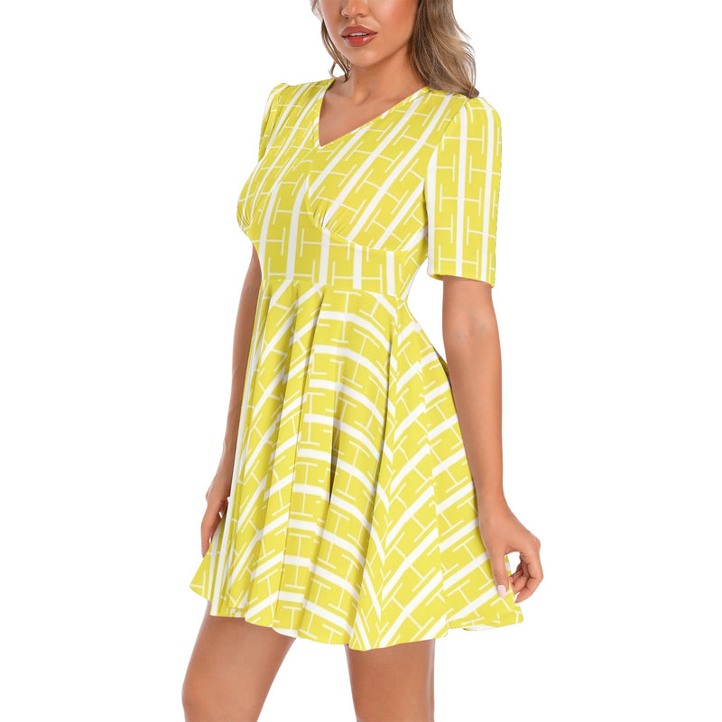 Short Sleeve Ruched Bust Flared Hem Dress