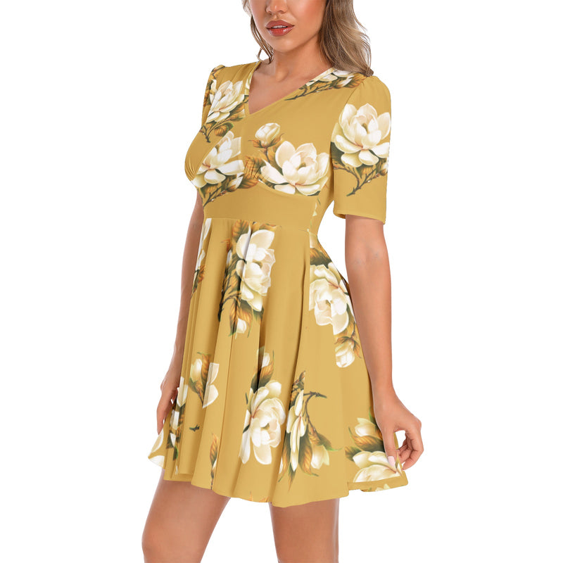 Short Sleeve Ruched Bust Flared Hem Dress