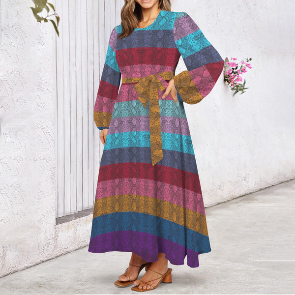 multicolored snakeskin Round Neck Long Sleeve Belted Maxi Dress