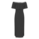 bw print thin stripe Women's Off Shoulder Ruffle Boat Neck Dress (Model D71)