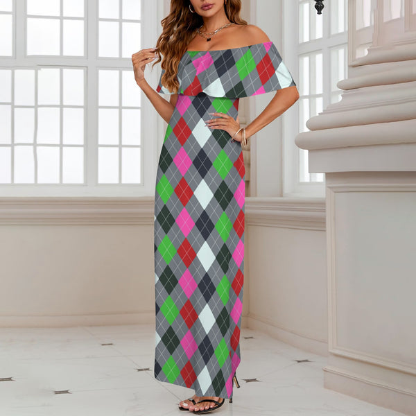 argyle print 3 Women's Off Shoulder Ruffle Boat Neck Dress (Model D71)