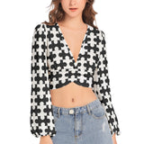 Women's Deep V-Neck Lantern Sleeve Crop Top