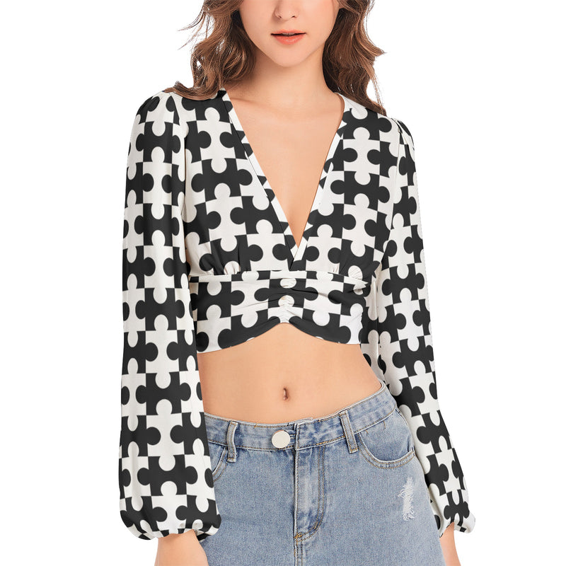 Women's Deep V-Neck Lantern Sleeve Crop Top