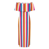 barcode color block striped print 2 Women's Off Shoulder Ruffle Boat Neck Dress (Model D71)