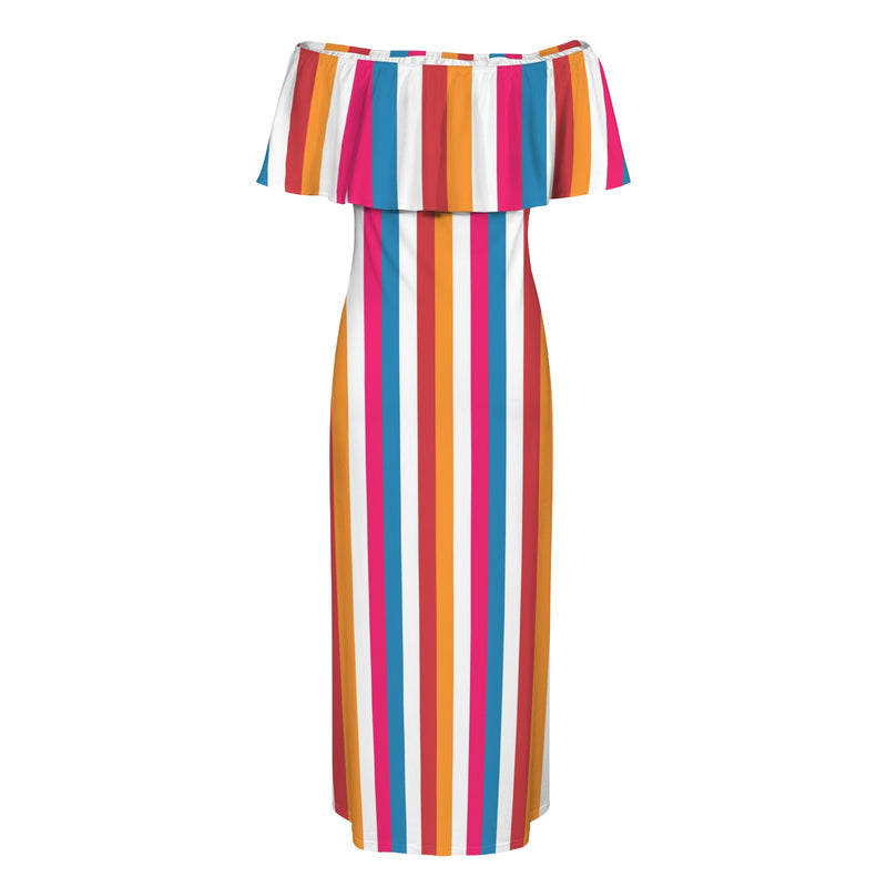 barcode color block striped print 2 Women's Off Shoulder Ruffle Boat Neck Dress (Model D71)