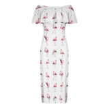 flamingo pink print 3A Women's Off Shoulder Ruffle Boat Neck Dress (Model D71)