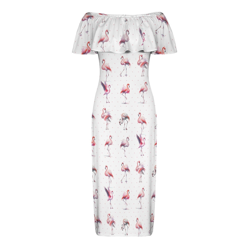 flamingo pink print 3A Women's Off Shoulder Ruffle Boat Neck Dress (Model D71)