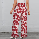 maroon solid print 2 Strappy Elastic Waist Wide Leg Pants with Pockets