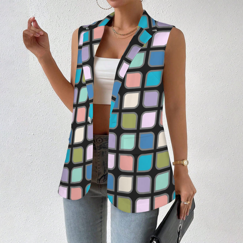 cut corner square print 4 Women's Sleeveless Blazer (Model H71)