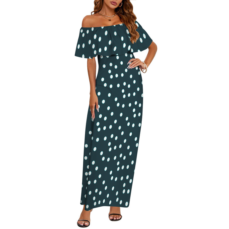 polka dot print green accent White Women's Off Shoulder Ruffle Boat Neck Dress (Model D71) L polka dot print green accent White Women's Off Shoulder Ruffle Boat Neck Dress (Model D71) L