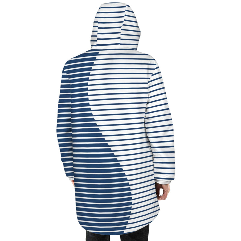 wave striped blue white print2 Men's Mid-Length Hooded Coat (Model H69)