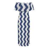 wavy delft print Women's Off Shoulder Ruffle Boat Neck Dress (Model D71)