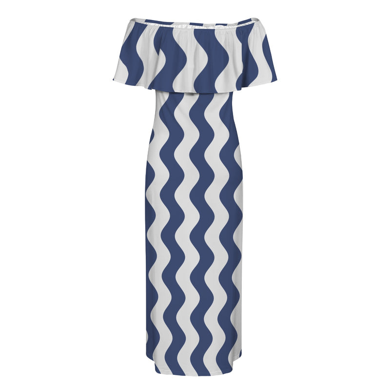 wavy delft print Women's Off Shoulder Ruffle Boat Neck Dress (Model D71)