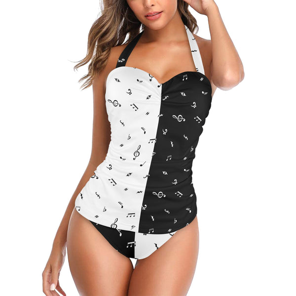 bw notes print 2 Women's Halter Neck Gather Chest Swimsuit (Model S52)