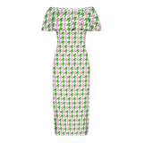 pk grn print 4A Women's Off Shoulder Ruffle Boat Neck Dress (Model D71)