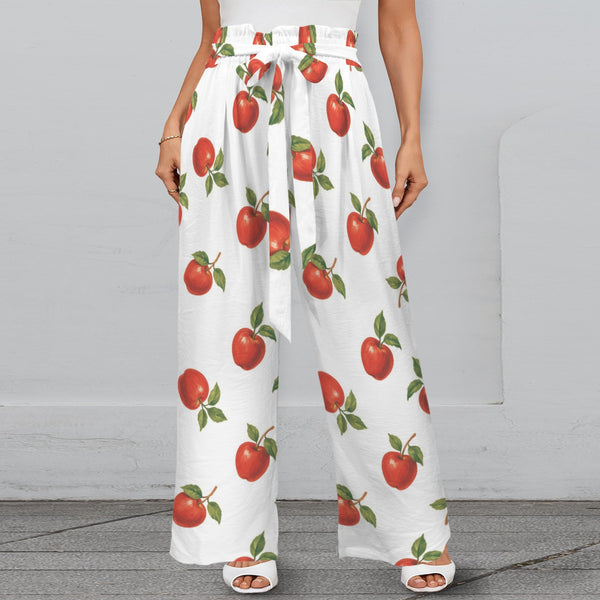 apples swimwear print Strappy Elastic Waist Wide Leg Pants with Pockets