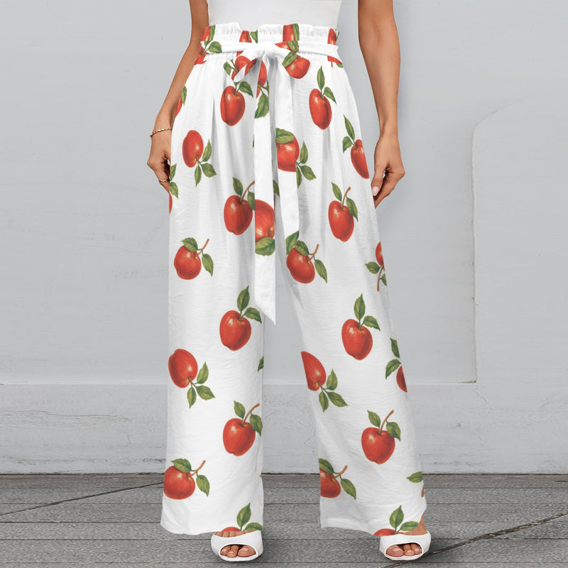 apples swimwear print Strappy Elastic Waist Wide Leg Pants with Pockets