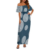 shephards race blue print Women's Off Shoulder Ruffle Boat Neck Dress (Model D71)