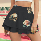 skull and roses print 3 copy High Waist Layered Ruffle Pockets Sports Skirt