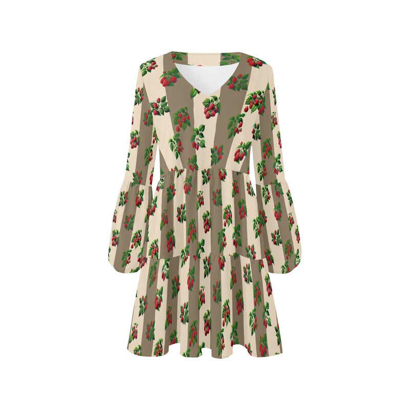 bronze print raspberry striped V-Neck Loose Fit Dress (Model D62)