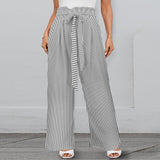 micro striped bw print Strappy Elastic Waist Wide Leg Pants with Pockets