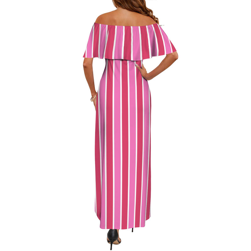 candy cane striped print Women's Off Shoulder Ruffle Boat Neck Dress (Model D71)