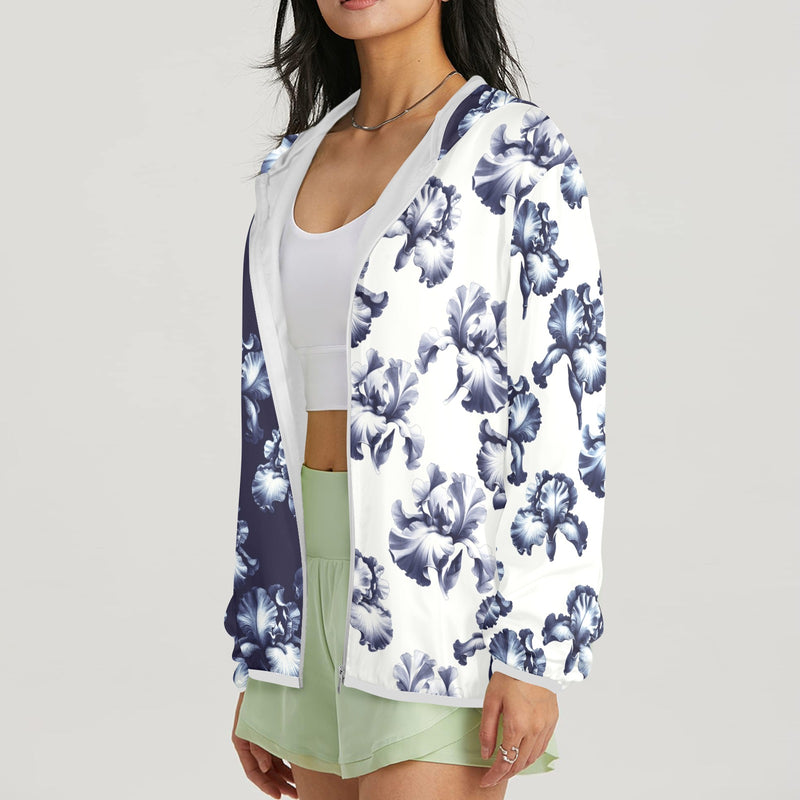 white iris print Women's Lightweight Sun Protection Hoodie (Model H62)