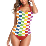 crimson2 Women's Halter Neck Gather Chest Swimsuit (Model S52)