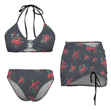rose on grid print Drawstring Halterneck Three-Piece Swimsuit Skirt