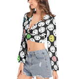 Women's Deep V-Neck Lantern Sleeve Crop Top