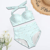 heart on stripes print light blue Women's Halter Neck Gather Chest Bikini Swimsuit (Model S53)